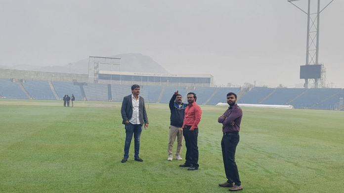 Maharashtra Cricket Association president Rohit Pawar (in grey jacket) and Kedar Jadhav (in red shirt) visit the cricket stadium at Gahunje | Twitter | @RRPSpeaks