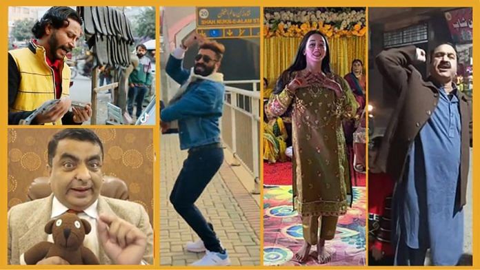 Clockwise: Pakistan comedian Asif Muhammad as Mr Bean, Muhammad Ali Khan, Momi Khan dancing on Pathaan’s Besharam rang, TikToker Ayesha Mano and Akhtar Lawa | Naila Inayat