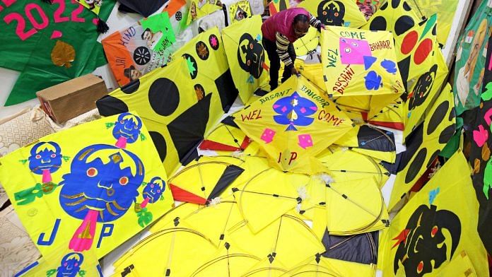 File photo of a kite maker named Jagmohan Kanojia preparing kites at his home workshop on the eve of the Basant Panchami festival, in Amritsar on 4th February, 2022 | ANI