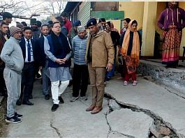 Uttarakhand Chief Minister Pushkar Singh Dhami conducts a ground inspection of the landslide-affected areas, in Joshimath on Saturday | ANI