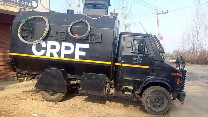 A CRPF vehicle seen after an area was cordoned off following an incident of weapon snatching with security personnel reported from the Rajpora area of Pulwama on Sunday | ANI