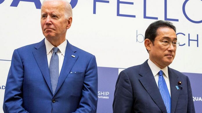 File photo of US President Joe Biden & Japanese PM Fumio Kishida attending the Japan-U.S.-Australia-India Fellowship Founding Celebration event, in Tokyo, Japan on 24 May, 2022 | Reuters