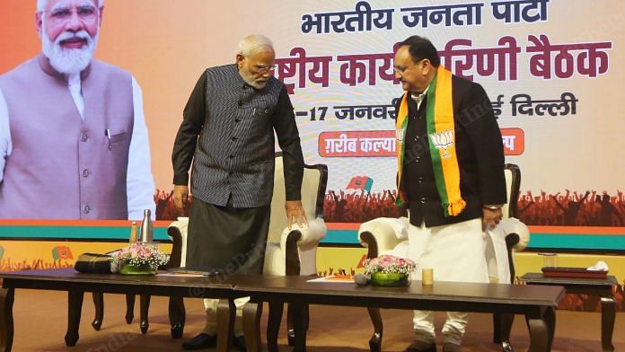 Modi and BJP party president J.P. Nadda at the national executive meeting | Photo: Praveen Jain | ThePrint