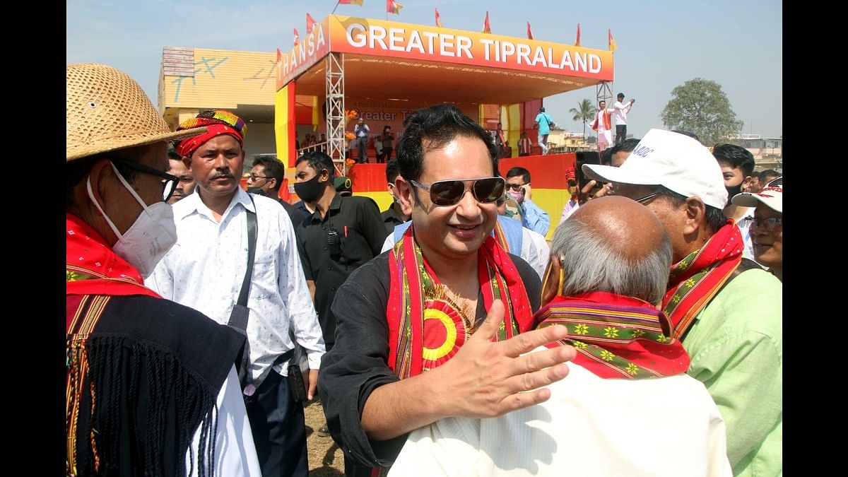 Tipraha Indigenous People’s Regional Alliance (TIPRA) Chairman Pradyot Bikram Manikya Debbarma with supporters during a rally over the demand of 'Greater Tipraland' in Agartala | ANI file photo
