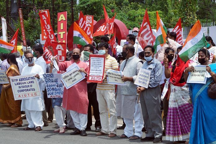 File photo of trade unions protesting the Modi government's labor codes in Bhubaneswar | ANI
