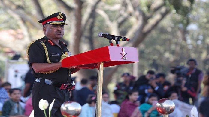 Army chief General Manoj Pande addresses the Army Day parade at MEG centre in Bangalore on Sunday | Suraj Singh Bisht | ThePrint