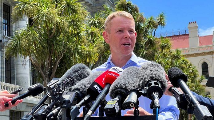 Chris Hipkins speaks to the media outside New Zealand's parliament in Wellington, on 21 January 2023 | Reuters/Lucy Craymer
