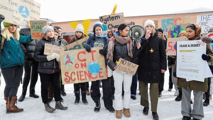Climate activists Greta Thunberg, Helena Gualinga and Luisa Neubauer take part in a protest on the last day of the World Economic Forum (WEF) in Davos, Switzerland, 20 January 2023 | File Photo: Reuters