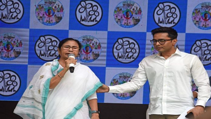 West Bengal Chief Minister Mamata Banerjee with TMC general secretary Abhishek Banerjee during the launch of party's new campaign 'Didir Suraksha Kavach' during a press conference in Kolkata this Monday. | ANI