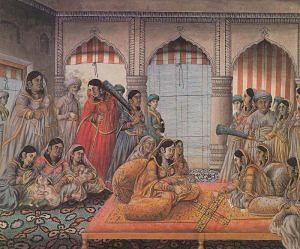 Senior Wives Playing Chaupar in the Court Zenana with Eunuchs Navasi Lal, Mughal, Lucknow, c.1790. Image courtesy of James Ivory Collection, Columbia University.
