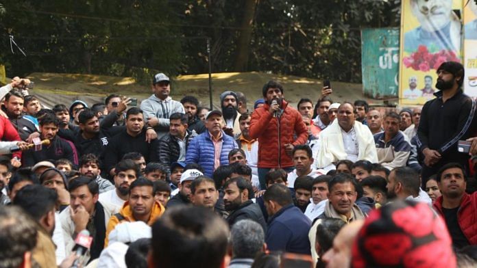 Bajrang Punia, Sakshi Malik and Vinesh Phogat and others gather at the protest site in Jantar Mantar, on 19 January 2023 | Manisha Mondal | ThePrint