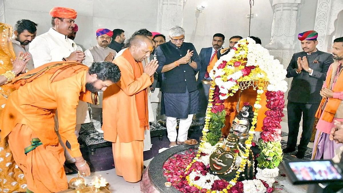 temple1 UP CM Yogi Adityanath with Union minister Gajendra Singh Shekhawat at the Rajasthan's Neelkanth Mahadev Mandir mahotsav Friday. | Twitter: @gssjodhpur