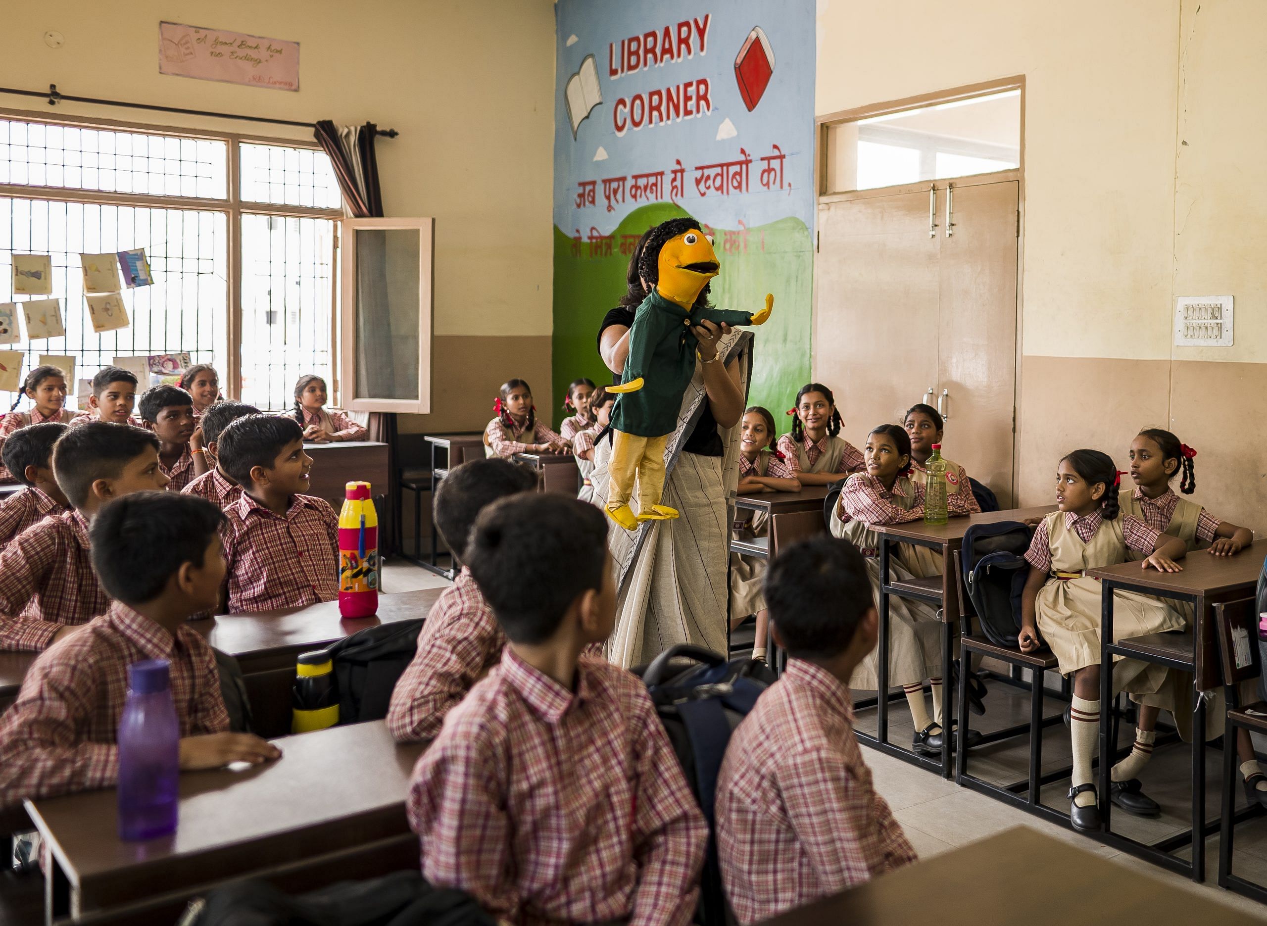 A teacher uses a puppet in a new concept named 'Project Udaan' in Government Model Sanskriti Primary School in Sector 20 - Panchkula, Haryana on 12 July 2022 | Anindito Mukherjee.