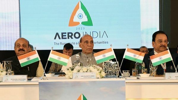 Defence Minister Rajnath Singh at the curtain raiser of ‘Aero India’ 2023 in Bengaluru on Sunday | Photo: ANI