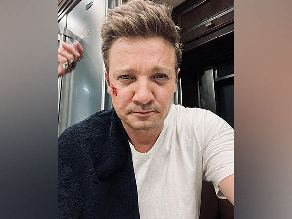 Jeremy Renner receiving electro-therapy treatment to recover from snowplow accident injuries