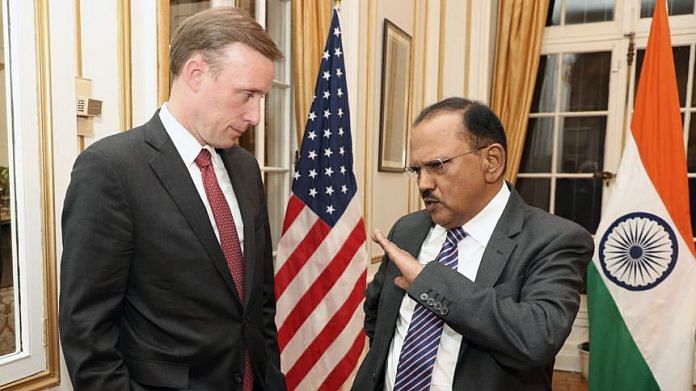 NSA Ajit Doval interacts with White House National Security Advisor to US President Jake Sullivan during the reception, at India House, in Washington on 31 January 2023 | Photo: ANI