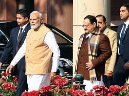 Prime Minister Narendra Modi with Bharatiya Janata Party National President JP Nadda after attending the BJP Parliamentary Party Meeting in New Delhi, 7 February | Photo: ANI