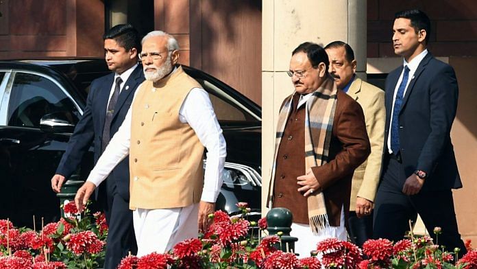 Prime Minister Narendra Modi with Bharatiya Janata Party National President JP Nadda after attending the BJP Parliamentary Party Meeting in New Delhi, 7 February | Photo: ANI