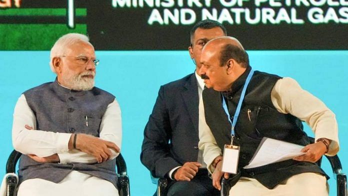 Prime Minister Narendra Modi (left) with Karnataka Chief Minister Basavaraj Bommai at India Energy Week 2023 in Bengaluru Monday | Photo: PTI