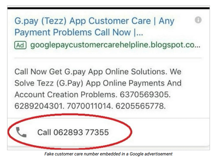 Fake customer care number advertised on Google | Courtesy: CloudSEK report
