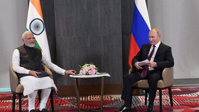 Representational image | Prime Minister Narendra Modi with Russian President Vladimir Putin in Samarkand, on the sidelines of the 2022 SCO summit | Photo: Twitter/@PMOIndia