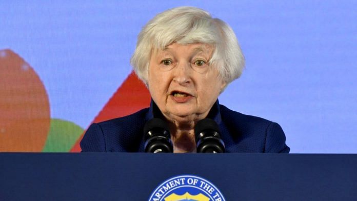 US Treasury Secretary Janet Yellen speaks during a news conference as G20 finance leaders gathered on the outskirts of Bengaluru, on 23 February 2023 | Reuters