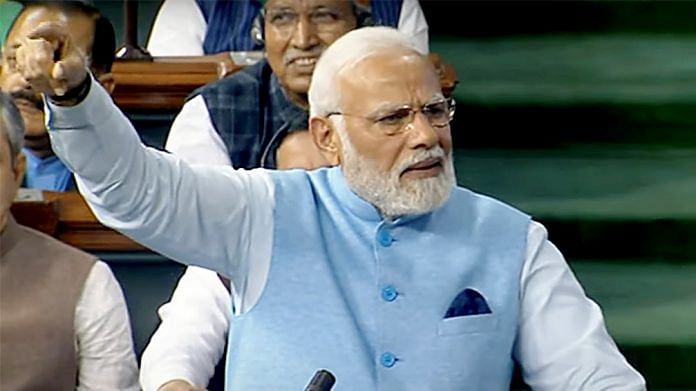 Prime Minister Narendra Modi speaks in Lok Sabha at discussion on Motion of Thanks on the President's address during the Budget Session of Parliament, in New Delhi on 8 February 2023 | Photo: ANI /SansadTV