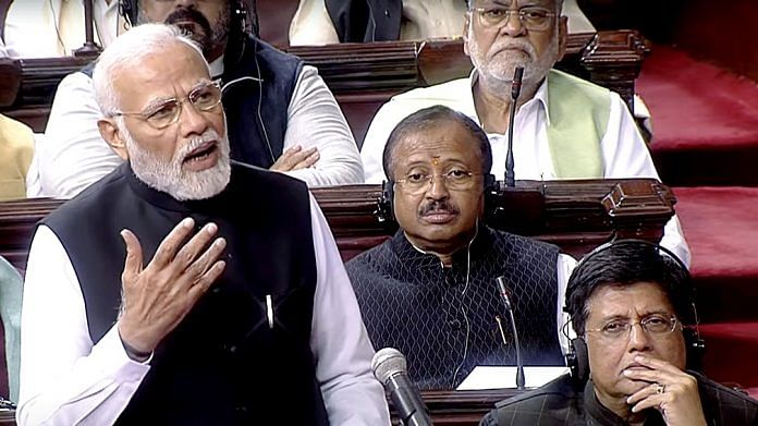 Prime Minister Narendra Modi speaks at the discussion on the Motion of Thanks on the President's address in Rajya Sabha on 9 February 2023 | Photo: ANI/SansadTV