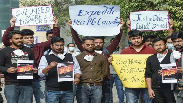 A 2021 protest by doctors to expedite NEET-PG counselling | Photo: PTI