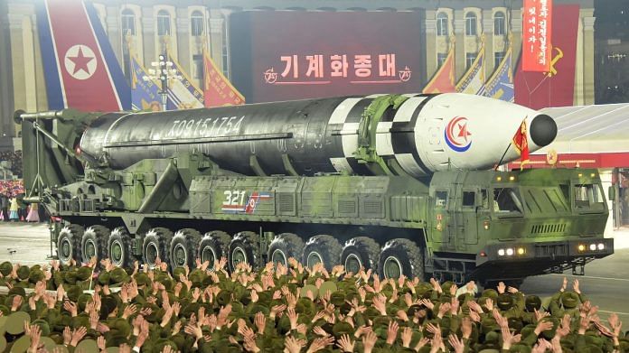 A missile is displayed during a military parade to mark the 75th founding anniversary of North Korea's army, at Kim Il Sung Square in Pyongyang, North Korea, 8 February 2023 | KCNA via Reuters
