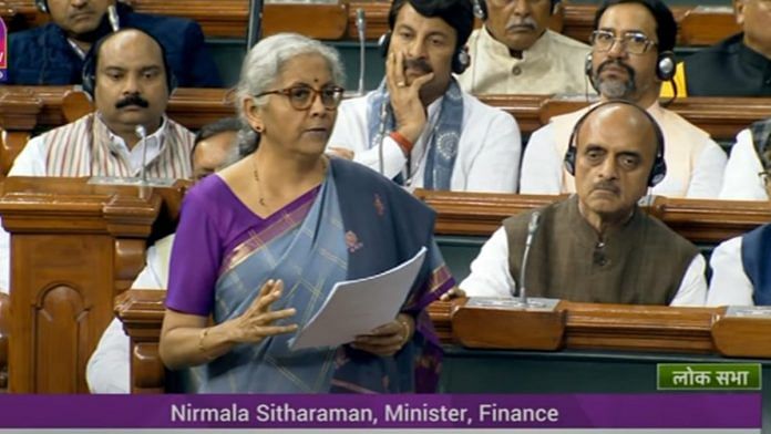 Finance Minister Nirmala Sitharaman addressing the Lok Sabha on 10 February 2023 | Twitter/@ANI