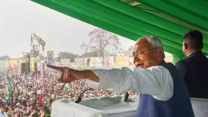 Bihar CM Nitish Kumar at the joint rally of the Mahagathbandhan in Purnia Saturday | PTI