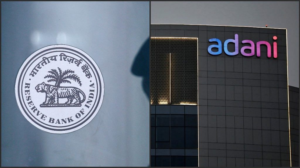 Logos of RBI and Adani Group | Representational image | Reuters