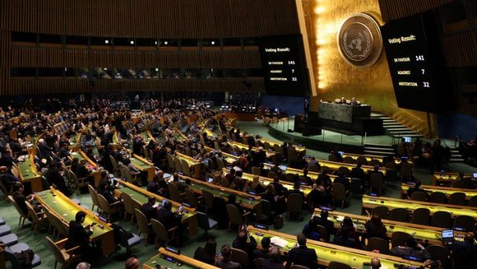 An electronic sign displays the results of a vote by delegations adopting a resolution on Ukraine during a high-level meeting of the United Nations General Assembly to mark one year since Russia invaded Ukraine, at U.N. headquarters in New York City on 23 February, 2023 | Reuters