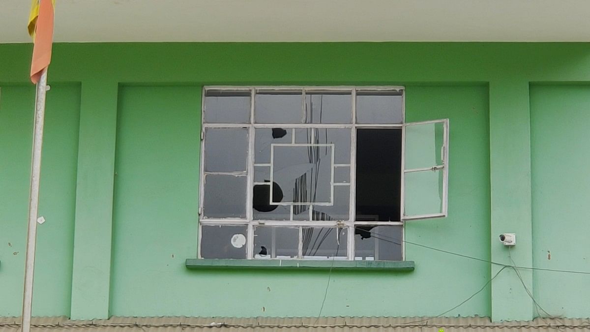 Broken windows of the SDF office, Gangtok | Photo: Urjita Bhardwaj, ThePrint