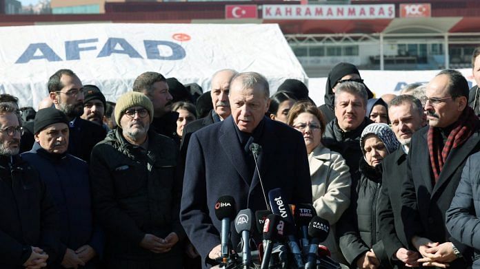 Turkish President Tayyip Erdogan talks to the media in Kahramanmaras, on 8 February 2023 | Presidential Press Office/Handout via Reuters