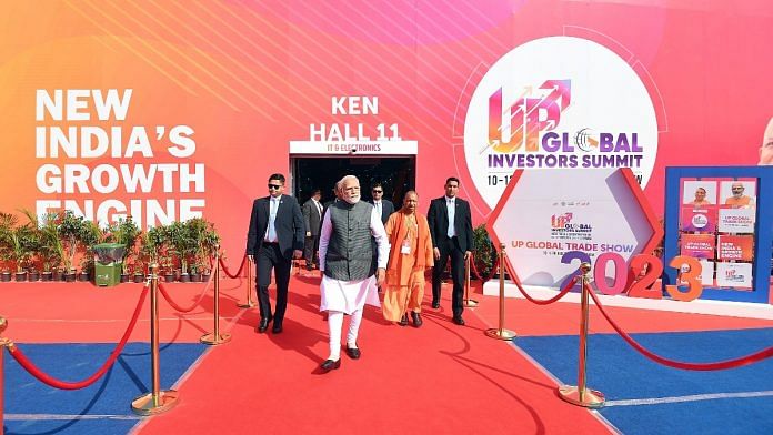 PM Narendra Modi, UP CM Yogi Adityanath at UP Global Investors Summit 2023 in Lucknow Friday | ANI