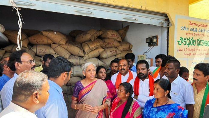File photo of Finance Minister Nirmala Sitharaman at a ration shop in Telangana | representational image | ANI