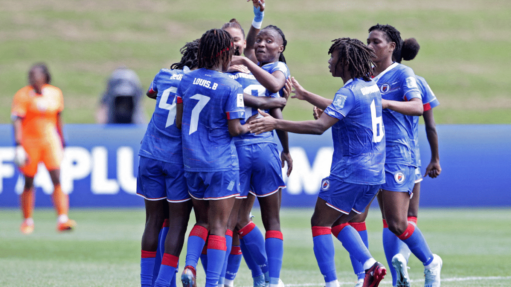 Haiti's Nerilia Mondesir celebrates scoring their second goal with teammates | Reuters/David Rowland