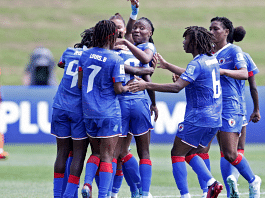 Haiti's Nerilia Mondesir celebrates scoring their second goal with teammates | Reuters/David Rowland