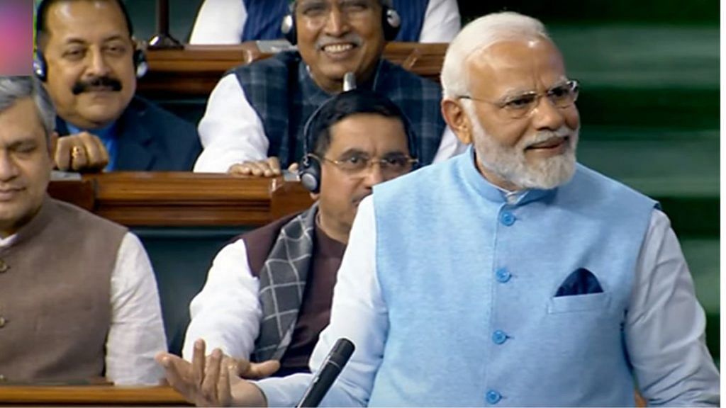 Prime Minister Narendra Modi speaks in Lok Sabha at a discussion on Motion of Thanks on the President's address during the Budget Session of Parliament, in New Delhi on Wednesday | ANI
