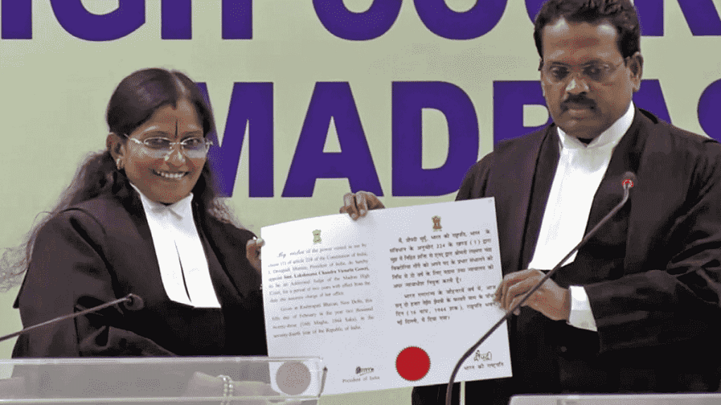 Madras High Court Acting Chief Justice, T. Raja with the newly-sworn in Madras High Court additional judge, Justice Lekshmana Chandra Victoria Gowri, during the ceremony, in Chennai | ANI