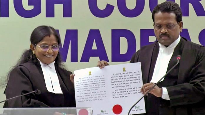 Madras High Court acting Chief Justice T. Raja with newly sworn-in additional judge Justice Lekshmana Chandra Victoria Gowri during the ceremony, in Chennai last week | ANI
