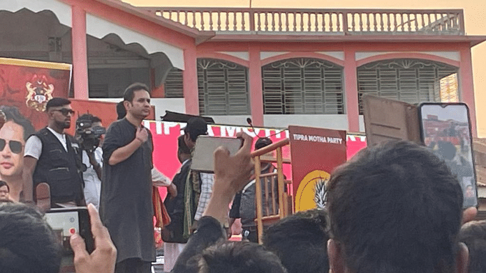 TIPRA Motha chief Pradyot Debbarma addresses crowds at Bakshanagar mini stadium ground while campaigning for his party's candidate | Abantika Ghosh | ThePrint