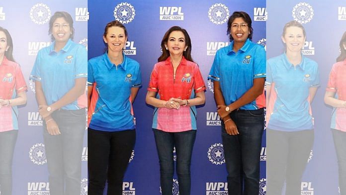 Nita Ambani with head coach Charlotte Edwards and team mentor and bowling coach Jhulan Goswami of the women’s team of Mumbai Indians, at the Women’s Premier League auctions at Jio World Convention Centre, in Mumbai on Monday | ANI
