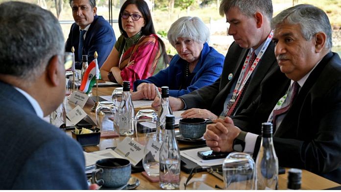 US Treasury Secretary Janet Yellen looks on as she holds a roundtable with India's technology leaders on the sidelines of G20 finance ministers' meeting on the outskirts of Bengaluru, India, on Saturday | Reuters