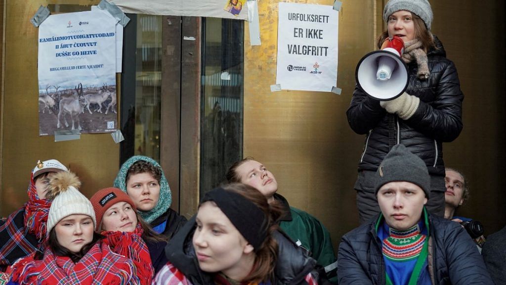 Greta Thunberg speaks during a demonstration with campaigners from Nature and Youth and Norwegian Samirs Riksforbund Nuorat | NTB/Ole Berg-Rusten via Reuters
