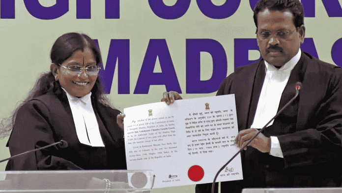 Madras High Court Acting Chief Justice T Raja with the newly sworn-in Madras High Court Additional Judge Justice Lekshmana Chandra Victoria Gowri during the ceremony in Chennai | ANI