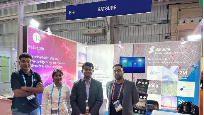 (From left) Kavya Karampuri, Mission Systems Engineer at KaleidEO; Arpan Kumar Sahoo, COO at KaleidEO; and Prateep Basu, CEO at SatSure, presented their plan to launch a fleet of four satellites powered by AI-on-the-Edge technology at the Bengaluru Space Expo 2022. | credit: SatSure, special arrangement