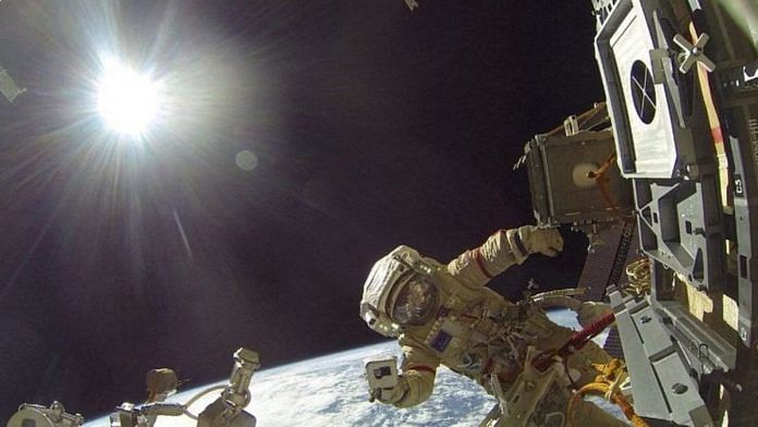 File photo of Roscosmos cosmonaut Sergey Prokopyev conducting a spacewalk with Roscosmos cosmonaut Dmitry Petelin (not pictured) outside the International Space Station (ISS), 17 November, 2022 | Reuters